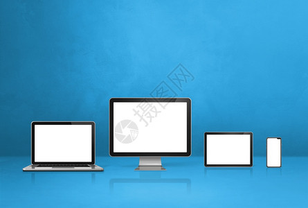 计算机膝上型移动电话和数字平板脑移动话和数字平板脑c蓝色办公桌背景3D说明计算机移动电话和数字平板脑c蓝色背景图片