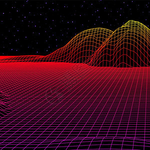 以80年代的电线框架网状80年代的陆景图案以红色山峰或丘为背景的三维结构以追溯式计算机游戏或科学为背景的三维结构图片