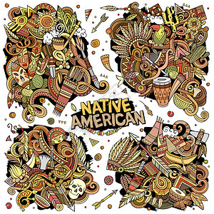 美国历史美国土著卡通矢量涂鸦设计置包含多种族物品和符号的多彩详细成分所有物品都是分开的插画