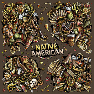 美国土著卡通矢量涂鸦设计置包含多种族物品和符号的多彩详细成分所有物品都是分开的图片