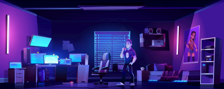 青少年在夜间与游戏员程序或黑客的工作空间一起在卧室喝咖啡图片