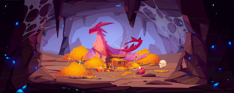 保护山洞财宝的巨龙卡通矢量插画图片素材