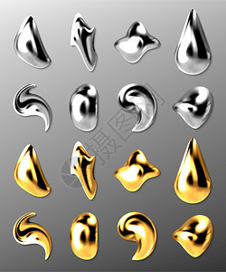 液态金或银滴3个抽象汞和金属滴油漆化妆品不同形状的胶囊灰色背景分离的金属质条现实矢量集液体金或银滴3个抽象汞图片