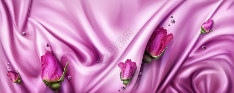 粉色丝绸布和玫瑰花草背景摘要光亮的布和波浪暴风雨的纹理矢量现实的壁纸奢侈纺织鲜花和光滑的珠子粉色丝布和玫瑰花草的背景粉色丝织布和图片