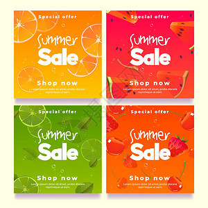 夏季销售海报模板用于促销和广告的矢量平方海报配有水果切片西瓜橙草莓和樱桃的卡通插图图片