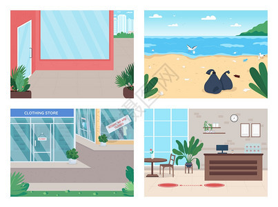 隔离平板彩色矢量插图热带岛屿海滩上的垃圾由于而关闭的商店锁定2D卡通城市景色以背为的封闭企业图片