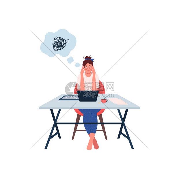 工作过度和疲劳的女雇员工作焦虑的孤立漫画插图用于网络形设计和动画