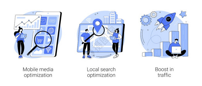 SEO战略抽象概念矢量说明集移动媒体优化本地搜索推动交通搜索引擎定位商业数字促进访问者增长抽象隐喻SEO战略抽象概念矢量说明集背景图片