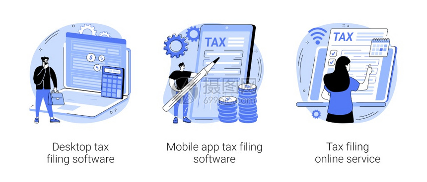 税务软件程序抽象概念矢量插图集桌面税务存档软件移动应用程序和在线服务收入报表IRS格收集文书抽象隐喻税务软件程序抽象概念矢量图集图片