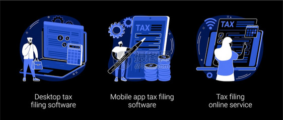 税务软件程序抽象概念矢量插图桌面税务存档软件移动应用程序和在线服务收入报表IRS格收集文书件黑暗模式隐喻税务软件程序抽象概念矢量图片