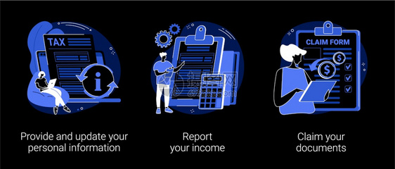 税务申报抽象概念矢量插图提供和更新个人信息报告收入索赔文件税收抵免和开支财务报告黑暗模式隐喻税务申报抽象概念矢量插图图片