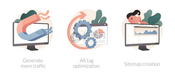 SEO在线服务抽象概念矢量插图集生成更多的流量自动标记优化站点图创建页面导航搜索引擎营销研究抽象隐喻SEO在线服务抽象概念矢量插图片