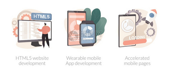 软件和前端开发抽象概念矢量说明集HTML5网站开发可穿戴的移动应用程序加速移动网页反应着陆设计抽象隐喻软件和前端开发抽象概念矢量图片