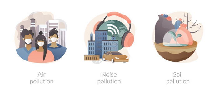 空气和噪音污染土壤城市烟雾车辆排气全球变暖土地退化环境抽象隐喻生态问题抽象概念矢量说明图片