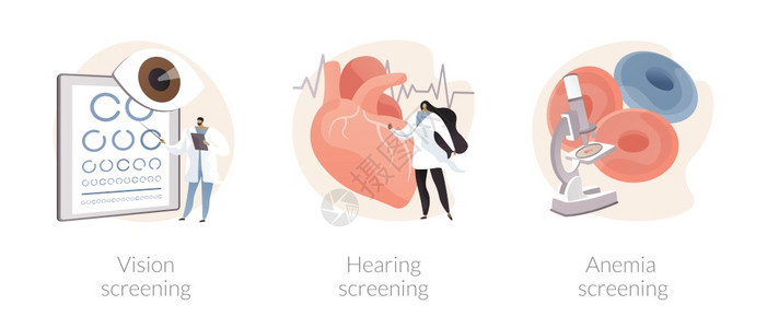 儿科检查抽象概念矢量说明集视力和听觉检查贫血视力测试耳部问题缺铁实验室测试残疾诊断抽象隐喻残疾诊断抽象概念矢量说明集儿科检查抽象图片