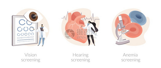 儿科检查抽象概念矢量说明集视力和听觉检查贫血视力测试耳部问题缺铁实验室测试残疾诊断抽象隐喻残疾诊断抽象概念矢量说明集儿科检查抽象图片