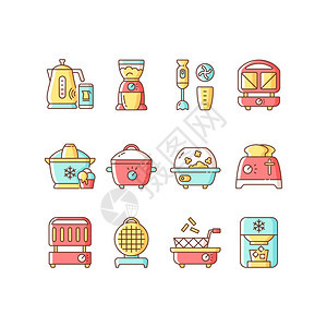小型厨房用具RGB颜色图标集智能茶壶咖啡研磨机混合搅拌桑威奇爆米花制造机冰淇淋慢烧炉陶斯特孤立的矢量插图图片