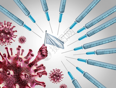 将这场疾病斗争和毒疫苗或流感和冠状医学战打赢作为传染病原体细胞向科学药物投降作为用3D插图元素研究治愈方法的保健比喻图片