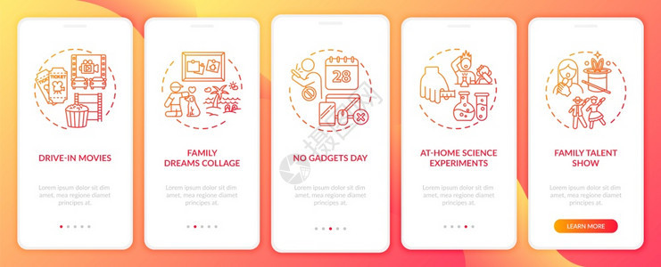 带概念的移动应用程序页面屏幕上的家庭乐趣理念整个家庭通过五步图形指示时没有工具日配RGB颜色插图的UI矢量模板带概念的移动应用程图片