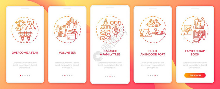 随身携带概念的移动应用程序页面屏幕上的家庭连接提示为儿童建造一个室内堡垒通过五步图形指示配有RGB颜色插图的UI矢量模板随身携带图片