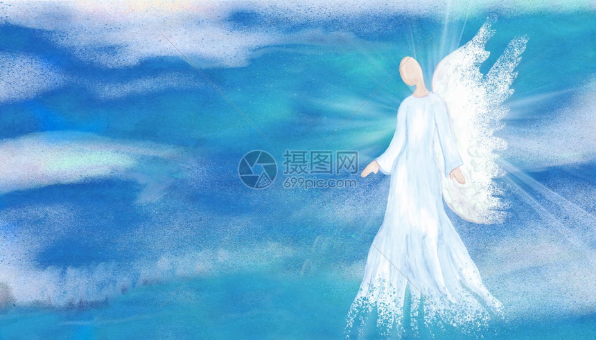 大天使上之灵有翅膀手画抽象天使信仰后世精神天使有明亮的光线天空云祝福灵感班纳高清图片下载 正版图片 摄图网