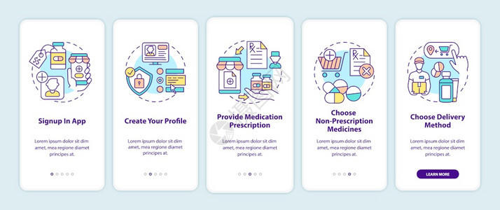 在线药物治疗订单步骤在装有概念的移动应用程序页面屏幕上登在应用程序中注册5个步骤图形说明带有RGB彩色插图的UI病媒模板在线药物图片