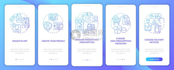 非处方药物通过5步图形说明配有RGB颜色插图的UI病媒模板配有概念的移动应用程序屏幕上安装移动应用程序屏幕的在线药物命令步骤图片
