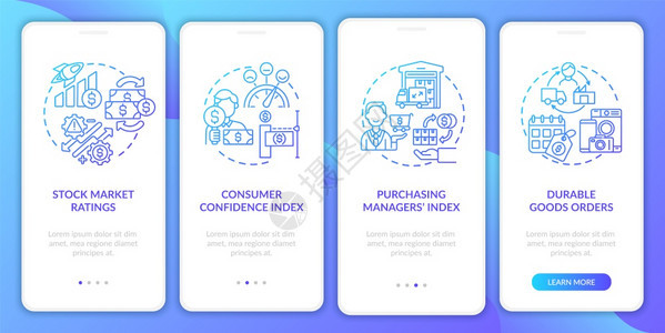 具有概念的移动应用程序页面屏幕上股票市场评级经济复苏指标通过4步图形说明配有RGB颜色插图的UI矢量模板配有概念的移动应用程序页图片