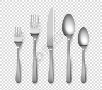 现实餐具3D金属叉刀或勺子3D金属条块或刀勺子用于以透明背景设置桌面的单金属条光滑物体银餐具的顶部视图银器的顶部视图由不锈钢制成图片
