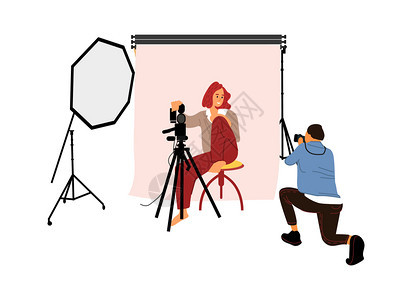 摄影室师拍模型相片会合概念用专业照相机和轻型设备拍照的卡通男子以专业摄影机和轻型设备制作照片的单独可爱女人制作摄影机的矢量场景室背景图片