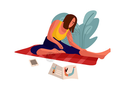 在家做瑜伽的妇女在室内做瑜伽的卡通年轻女在马萨纳作姿势在杂志上学习训练说明的可爱人物在减肥和健康方面的身病媒康的生活方式在室内做图片