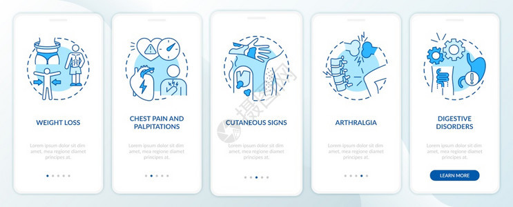 带有概念的移动应用程序页面屏幕登机后对健康的影响胸痛和气垫穿透5步图形指示带有RGB彩色插图的UI矢量模板带有概念的移动应用程序图片