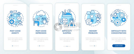 带有概念的移动应用程序页面屏幕上出现后摄氏综合症和心理健康焦虑症和抑郁通过5步图形说明带有RGB颜色插图的UI矢量模板带有概念的图片