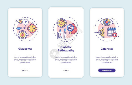 带概念的移动应用程序页面屏幕上的成人眼睛疾病GlaucomaCurningprocess横穿三步图形指示配有RGB颜色插图的UI图片