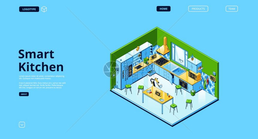 智能厨房有的等量着陆页空室内有iot电器和家具有用技术的互联网有智能用品的舒适餐厅三维矢量线的网络横幅图片