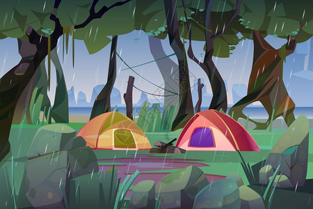 热带雨天森林中的帐篷矢量插画图片