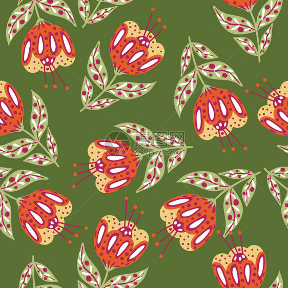 含有红鲜花元素的抽象植物无缝涂鸦图案绿色橄榄背景随机打印用于织物设计纺品印刷包装封面矢量插图随机打印图片