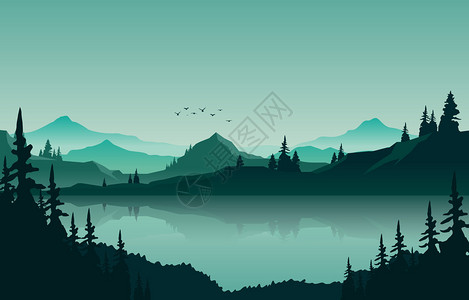 宝峰湖绿单色平板中全景山地貌湖插画