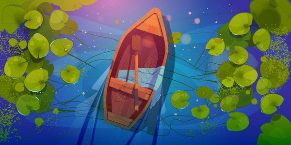 湖面上的木制船矢量插画图片