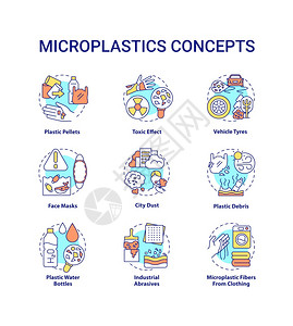 微塑料概念图标设置顶级环境挑战设想薄线RGB颜色插图避免微塑料提示全球升温矢量孤立的轮廓图画可编辑的中风微塑料概念图标集图片