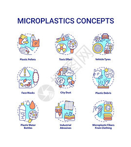 微塑料概念图标设置顶级环境挑战设想薄线RGB颜色插图避免微塑料提示全球升温矢量孤立的轮廓图画可编辑的中风微塑料概念图标集图片