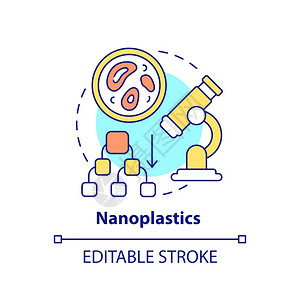 Nanoplastics概念图标生态理细线插图有害塑料污染显微镜下的塑料颗粒矢量孤立图示RGB彩色绘图可编辑的中风纳米学概念图标图片