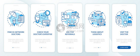 以概念选择初级保健医生的建议步行5图形指示UIUX配有线颜色图解的形用户界面矢量模板选择初级保健医生的建议配有概念的移动应用程序图片