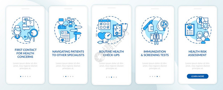 家庭医生在手机应用程序页面屏幕上执行蓝装任务并配有概念医疗保健通过5步图形说明UIUX带有线颜色插图的形用户界面矢量模板家庭医生图片