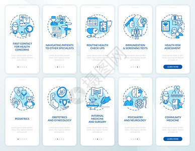 家庭医生蓝登机的移动应用程序页面屏幕上设置了概念保健人员通过五步图形说明UIUX带有线颜色插图的形用户界面矢量模板蓝登机的移动应图片