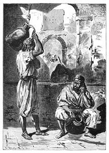 装有罐子的水承载者埃及北非文化和历史古老的黑白插图19世纪埃及Jugs的水承载者北非历史和文化古代传统说明图片