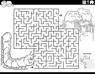 特点和绿色草地彩书页的儿童提供教育迷宫拼图游戏黑白漫画插图插画