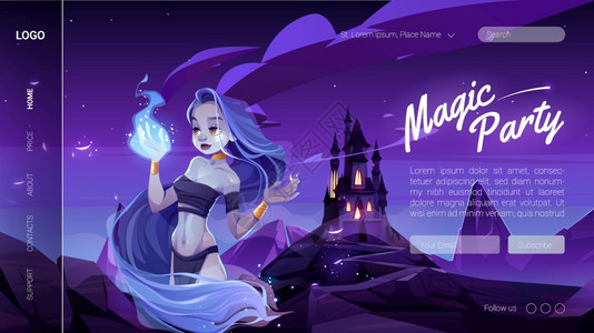 与神秘女孩一道的魔术横幅在夜间森林中手持蓝火矢量着陆页配有木屋和童话或长头发的精灵女人风景漫画夜间森林中神秘女孩的魔术横幅图片