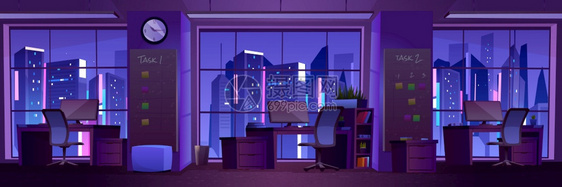 夜间办公场所空间开放室办公场所黑暗橱柜的矢量漫画插图黑板上有办公室家具计算机和任务笔记图片