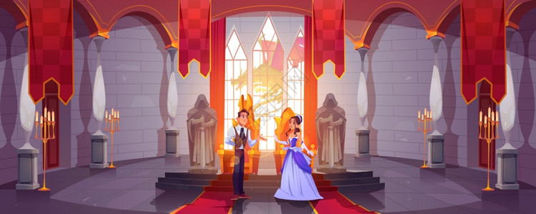 王子和公主在城堡大厅的王座在巴洛克走廊的一对王室夫妇装饰了雕像和柱子宫殿窗外的龙浪漫童话卡通矢量插图在城堡大厅的王室子和公主在城图片